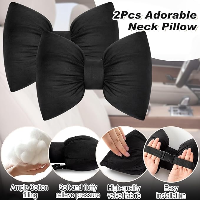 Macarrie 2 Pcs Car Neck Pillow Velvet Bow Headrest Pillow Soft Comfortable Seat Neck Support Cute Bow Car Accessories for Driving Travel Driver Chair Girl Interior Decor (Solid,Black)