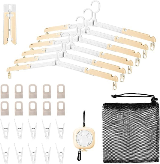 6 Pack Fodable Travel Hangers with Clips & Adjustable Clothesline, Portable Collapsible Hangers with Storage Bag for Suitcase, Hotel, RV, Cruise Essentials Set (Beige)