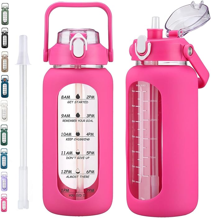64oz Glass Water Bottles with Straw, Half Gallon Motivational Glass Bottle with Silicone Sleeve and Time Marker, 2L Leakproof Large Glass Water Jug for Gym Home Office, Rose Red