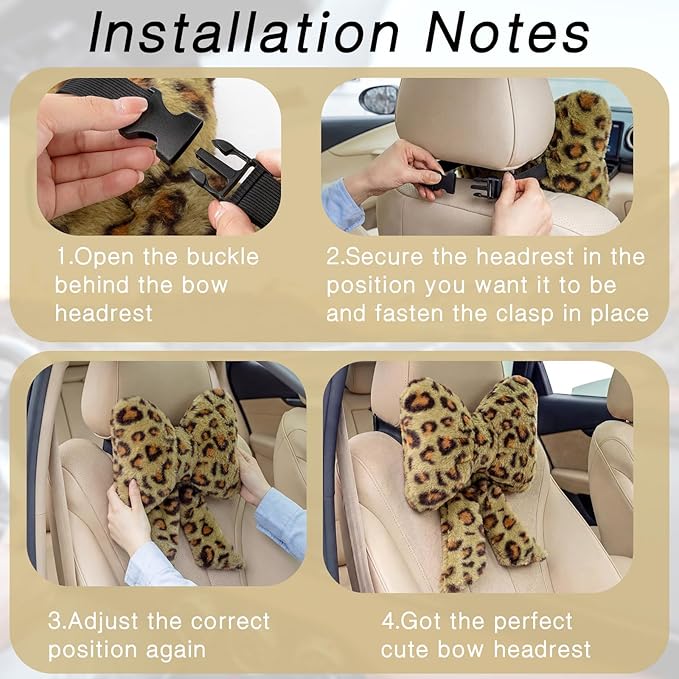 Macarrie 2 Pcs Car Neck Pillow Plush Butterfly Bow Car Headrest Pillow Comfortable Seat Neck Support Cute Head Rest Accessories for Driving Travel Driver Chair Girl Interior Decor(Green,Leopard)