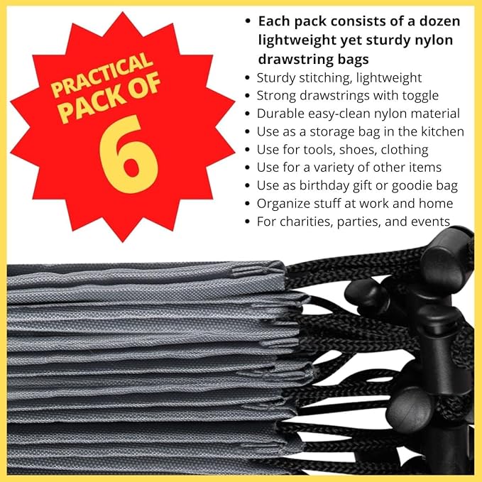 PALTERWEAR Drawstring Pouch with Toggle (12 x 16 Inch, 6 Pack, Grey) Nylon Cinch Bag for Travel, Gym, Shoes and Storage