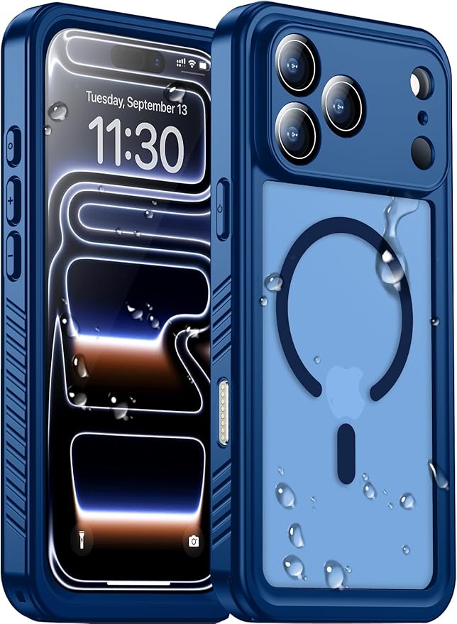 Magnetic Compatible with iPhone 17 Pro Max Case,Waterproof Built-in Screen & Camera Protector IP68 Underwater Full Body Military Dropproof Translucent Matte Phone Case 6.9"-Mag/Blue
