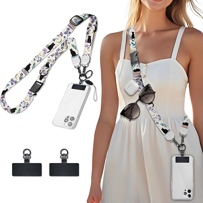 Icycay Phone Lanyard Crossbody, Black Cat Cell Phone Strap for Around The Neck Adjustable, Book Floral Teacher Anti Theft Cute Lanyard for ID Holder Keys Accessories Travel Essential