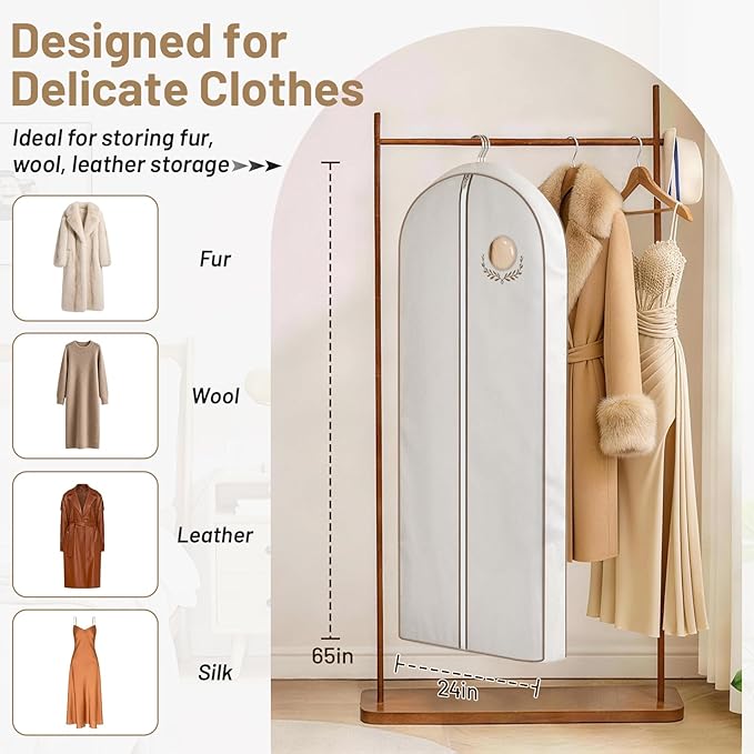 MISSLO 65" Cotton Garment Bag for Long Dress Breathable Fur Coat Storage Bag Women Dress Cover Luxury Garment Bags for Hanging Clothes Travel for Fur Coat, Jacket, Gown, Suit