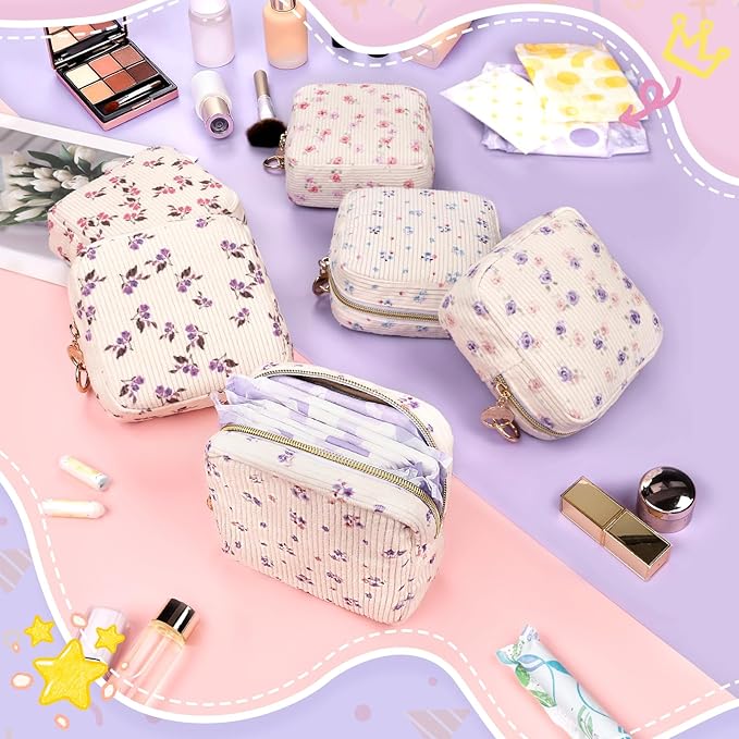 Floral Period Bag, Small Period Pouches for Teen Girls, Corduroy Sanitary Napkin Storage Bag, Compact Discreet Pad and Tampon Holder for Purse (Floral-Rose Pink)