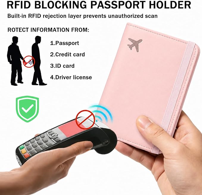 ZOPPEN RFID Blocking Passport Holder for Travel – PU Leather Waterproof Lightweight Passport Cover Wallet for Women Men, Travel Organizer with Card Slots for Airline Tickets & Passport Book, Pink