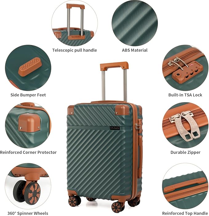 Cosbarn Luggage Sets 5 Piece with TSA Lock Spinner Wheels, Unisex Hard Case ABS Suitcase Set, Hardshell Lightweight Waterproof Travel Hardside Suitcases with Wheels for Women Men, Dark Green