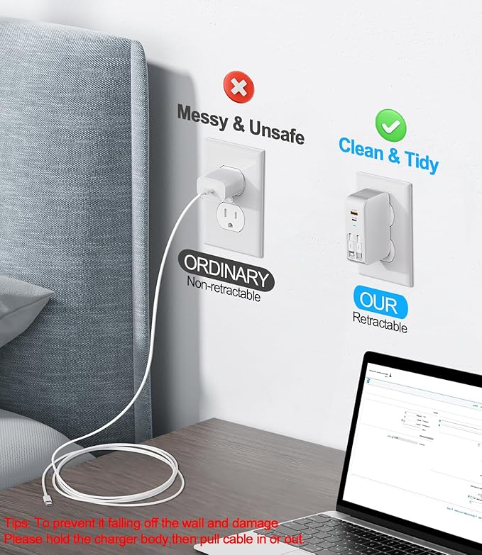 4 in 1 Retractable Wall Charger with Dual Cables,40W Retractable Phone Charger Wall Plug with Dual USB Ports,20W USB C Chargers Block Fast Charging for iPhone 17 16 15 14 13,LG, Galaxy S24 23,Pixel