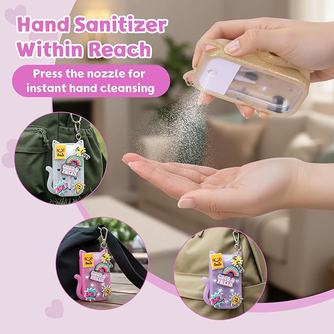 FunisFun Glitter Silicone Holder Case Compatible with Hand Sanitizer Spray 1 Fl. OZ., Cat-shaped Case Keychain with 6 Charms