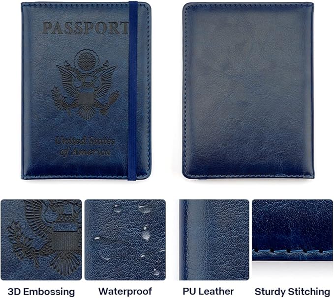Passport Holder for Travel, 2 Pack Passport Cover, Waterproof Passport Wallet Leather Passport Holder Pen Holder Passport Holders for Women Men Family Travel Must Haves Essentials, Navy Blue+Rose Gold