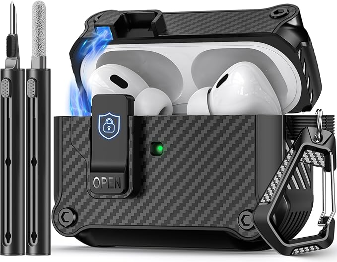 Pohgelan Compatible with AirPods Pro 2nd/1st Case,Magnetic Automatic Lock with Cleaning Kit,Compatible with Magsafe,Carbon Fiber Texture Cover -Black