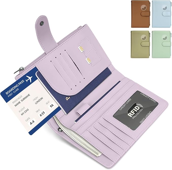 RFID Passport Holder for Women/Men Travel Gift, Large Capacity Passport Wallet, Family Travel Documents Organizer with Card/Airtag Slots, Zipper coin pocket, Cash Holder Passport Cover Case(Purple)