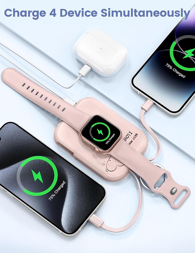 RORRY CharmGo Portable Charger, 5000mAh Portable Charger Power Bank with Built-in Cables, Travel Keychain Battery Pack for Apple Watch and iPhone Air/17/16/15/14/13/12, Mom-Pink