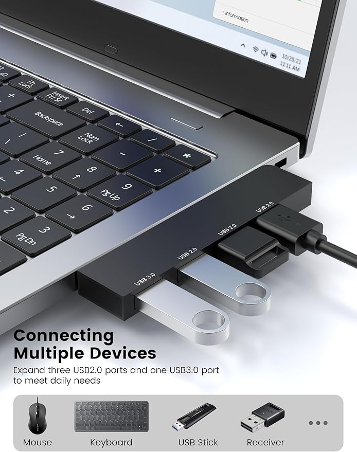 USB Hub, Fidioto 4 Port USB Adapter(1 * 3.0 Port, 3 * 2.0 Ports), Networking Hub for Laptop, iMac Pro, MacBook Air, Mac mini/Pro, Surface Pro, Notebook PC, USB Flash Drives and Mobile HDD Etc