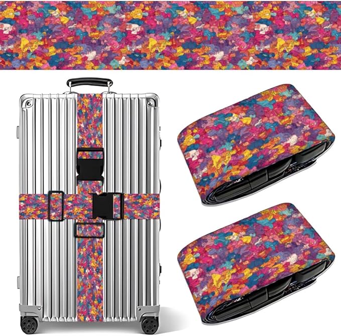 2 Pack Luggage Straps for Suitcases, Adjustable Travel Belt with Buckle, 2" Wide Heavy Duty Suitcase Straps for Summer Vacations, Graduation Trips, Vibrant Graffiti Collage Pattern, Multi