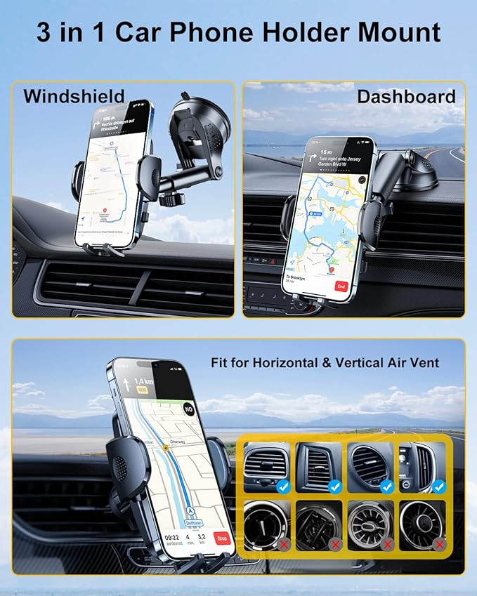 Rorhxia 3-in-1 Phone Mount for Car [2025 Most Stable and Flexible Suction Cup] Vent Dashboard Windshield Cell Phone Holder Car Fit for iPhone, Samsung, All Phone