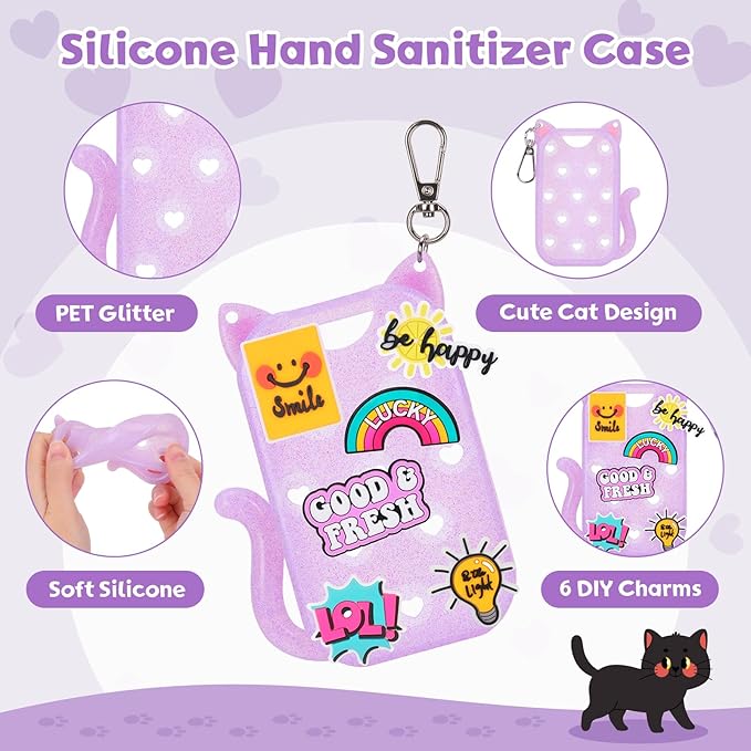 FunisFun Glitter Silicone Holder Case Compatible with Hand Sanitizer Spray 1 Fl. OZ., Cat-shaped Case Keychain with 6 Charms
