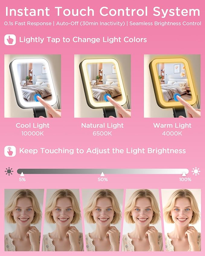 EAONE Magnifying Mirror with LED Light, Double Sided Travel Makeup Mirror 10X/1X with Storage Bag, 3 Color Lighting & Dimmable Touch Screen for Trip, Desk, Bathroom (10.3 x 5.2IN)- Black