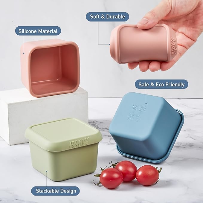 ISSEVE 4pack 6oz Silicone Snack Containers for Kids, Reusable Small Containers with Lids, Leak Proof Food Storage Containers, Children Kids Lunch Box for Daycare, School, Travel