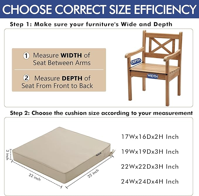 Outdoor Chair Cushions 22 x 22 Inch Water Resistant Patio Chair Cushions with Tie Color Fastness Thick Outdoor Seat Cushion for Garden Lawn Patio Furniture Cream Set of 2