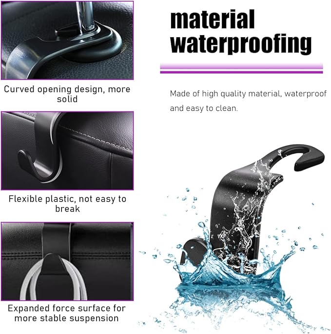 povtii 4 PCS Car Seat Headrest Hooks, Auto Backseat Organizer Hanger Holder, Vehicle Seat Back Storage Hooks for Purse Coat Umbrella Grocery Bag Handbag, Interior Car Accessories (Black)