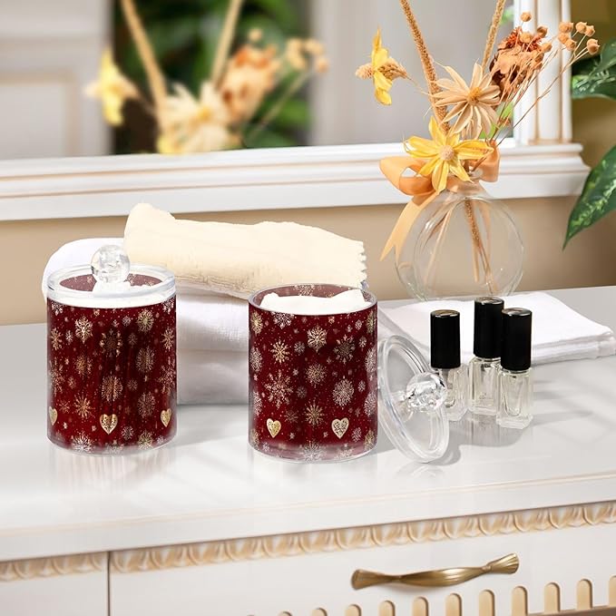 Gredecor Christmas Winter Qtip Holder Dispenser 2 Pack Gold and White Snowflakes Apothecary Jars with Lids Bathroom Vanity Countertop Canister Storage Organizer for Cotton Ball,Swabs,Pads,Floss