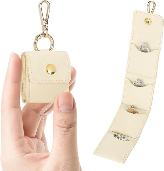 KUKUVR Mini Jewelry Holder Pouch with Keychain, Portable Travel Jewelry Organizer Box for Rings Earrings Necklace Stud, Small Velvet Jewelry Storage Bag for Gym Women (White)