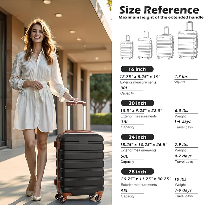 Coolife Luggage 3 Piece Set, Lightweight Durable Hardshell Suitcase set with 360° Spinner Wheels, TSA-approved Lock, Checked Family Travel Luggage sets, 16/20/24/28 Inch, Orange
