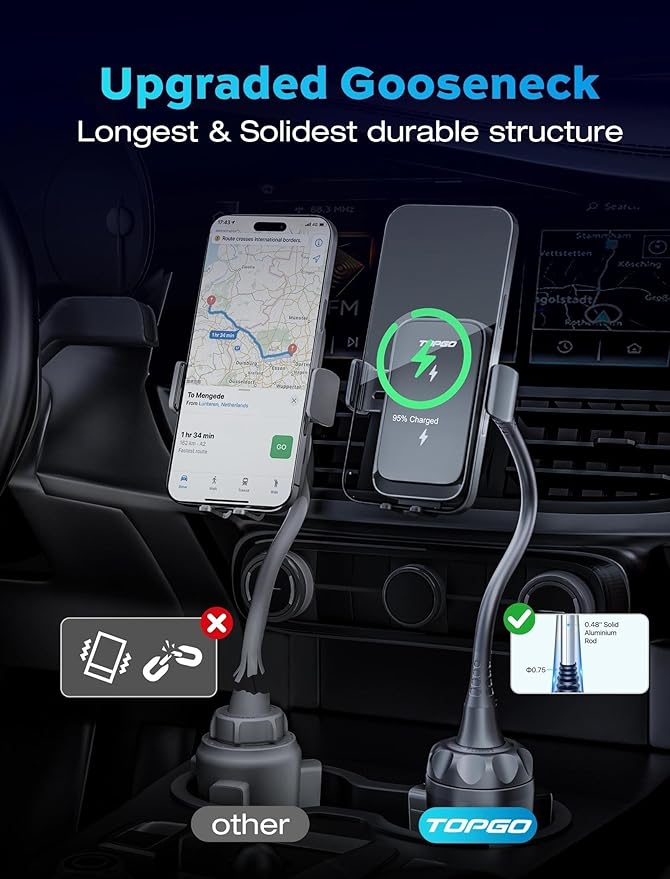Dual Coil Cup Phone Mount Wireless Charger, Universal Cell Phone Holder, Cup Holder 15W Fast Charging for iPhone 17 16 Pro Max, Samsung Galaxy - Black