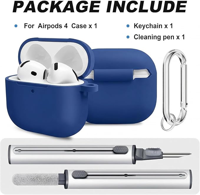 for Airpods 4 Case, Come with Cleaner Kit,Soft Skin Silicone Case Cover with Keychain, Full Protective Case for Men and Women, Compatible with AirPods 4th Generation Case,Sapphire Blue