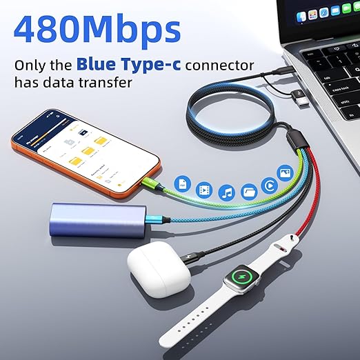 3 Type-C 4 in 2 Multi Charging Cable for iWatch Charger, Car Accessories USB C Splitter Cable iWatch Ultra/SE/11-2, iPhone 17-14, Android/Tablets and More (2PACK 5FT)
