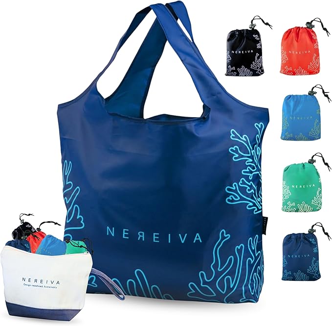 5 Pack Strong Reusable Grocery Bags Foldable into Tiny Pouch with Carry Case – Multi-Color bags makes Travel or Shopping Sorting Easy, Holds 55lbs, Washable, Durable, Packable