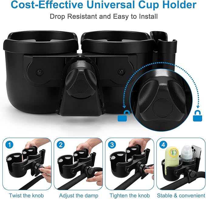 Accmor Stroller Cup Holder with Phone Holder, Bike Cup Holder, Universal Cup Holder for Uppababy Nuna Doona Strollers, 2-in-1 Cup Holder for Walker, Wheelchair, Scooter