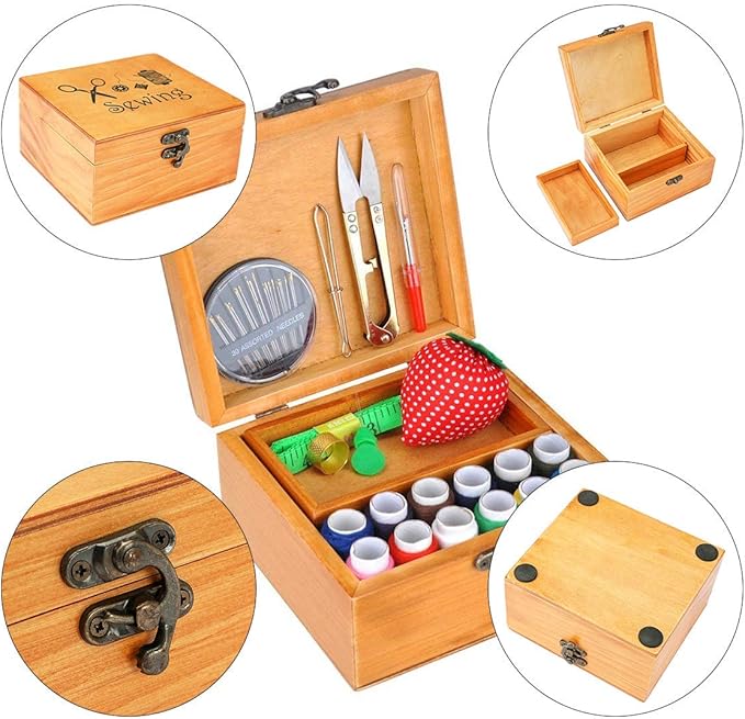 Sewing Kit, Wooden Sewing Kit Box for Adults, Wooden Sewing Basket with Accessories, Home Sewing Basket Stitching Repair Kit for Beginner, Women, Men (Brown)