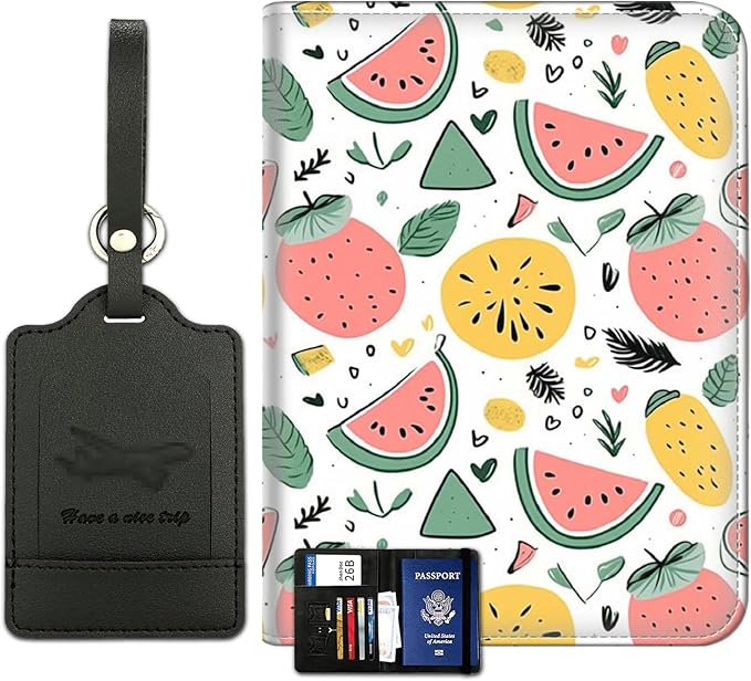 Passport Wallet, Passport Holder with RFID Blocking and Luggage Tag, Waterproof PU Leather Travel Documents Organizer Case, Passport Covers with Card Slot for Women & Men, Watermelon Fruit Pattern