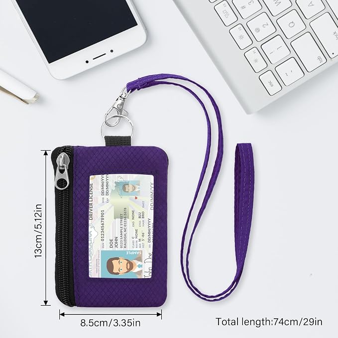 Minimalist RFID Wallet with Lanyard, Multi-functional ID Case with 2 Zipper Pockets and Key Chain for Men and Women, Tactical Badge Pouch Cards Holder, Coin Purse for Travel Sports - Dark Purple