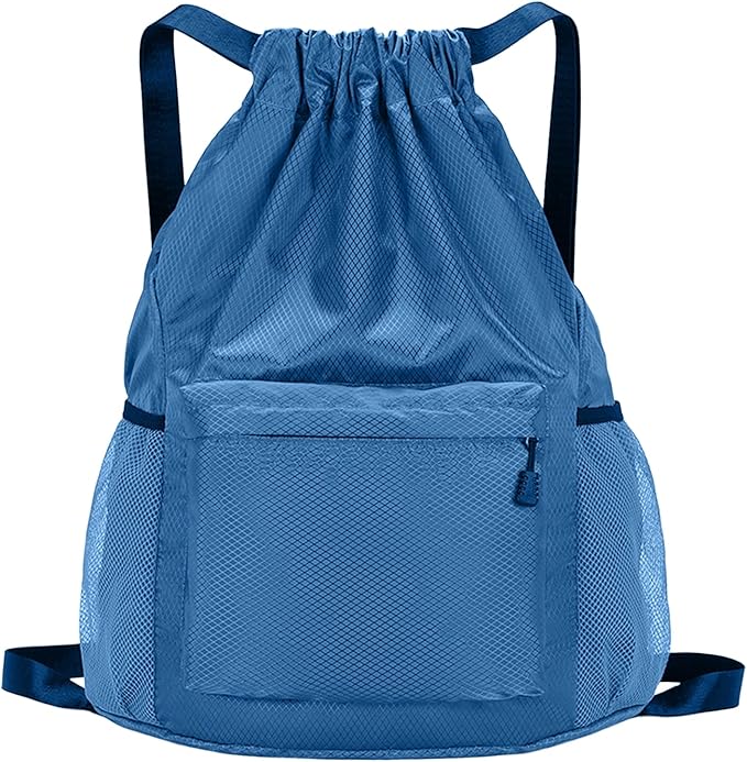 Tygelluis Drawstring Backpack, Waterproof Gym Bag with Water Bottle Pocket for Women Men, Pull String Sport Bag for Swim, Soccer and Basketball,Blue