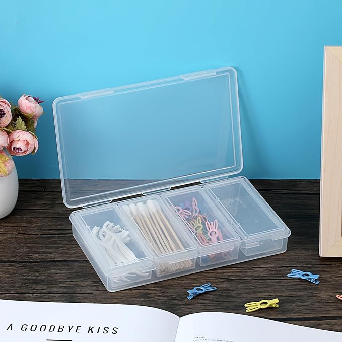 OwnMy 4 in 1 Portable Travel Cotton Swab Holder, Travel Floss Pick Holder Case Floss Dispensers, Small Clear Plastic Storage Organizer Containers for Cotton Balls & Pads, Hair Ties & Pins