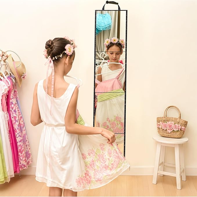 Foldable Full Length Mirror, 2 in 1 Hangable & Tabletop Acrylic Mirror, Portable Travel Mirror with Handle for Dance Bedroom Wardrobe Stage Makeup Checks Camping Outdoor Use (47" x 12.5", Four-Fold)