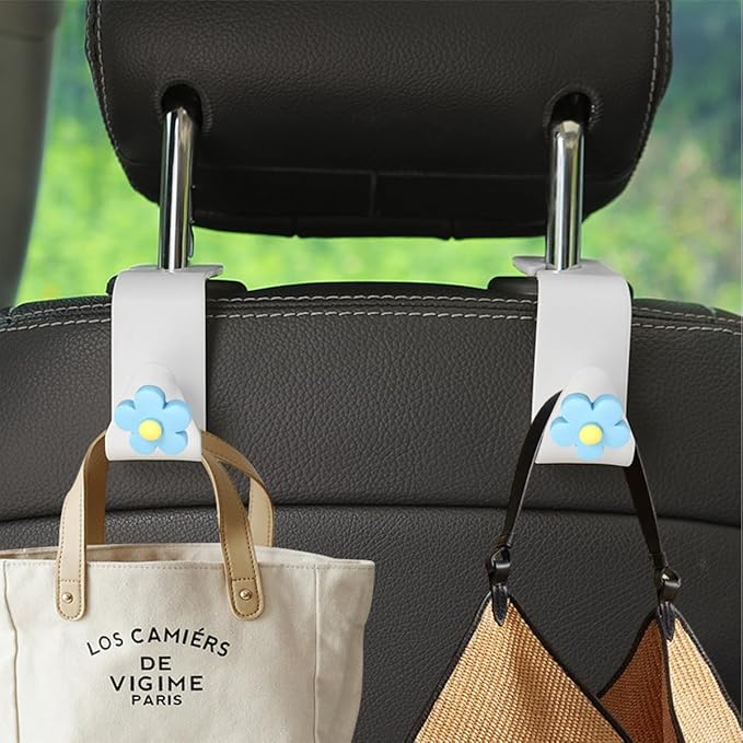 4 PCS Car Headrest Hook, Multifunctional Flower Vehicle Seat Back Storage Hook, Cute Automotive Seatback Organizer Hanger for Purse Grocery Bag Handbag, Universal Fit (Beige/Blue)
