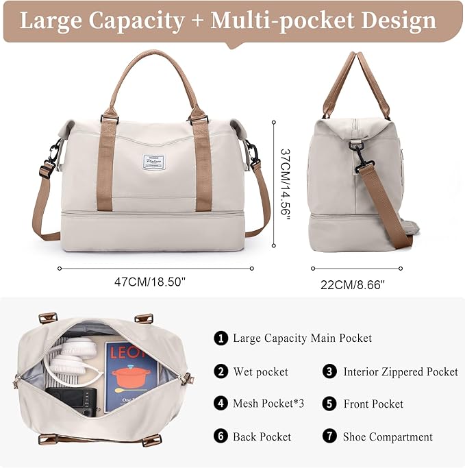 Weekender Bags for Women,Personal Item Travel Bag with Shoes Compartment,Overnight Travel Duffel Bag with Quilted Toiletry Bag,Beige&Brown