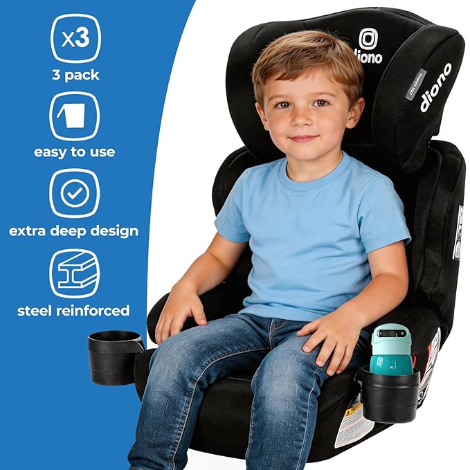 Diono XL Car Seat Cup Holders for Radian and Everett Car Seats, Pack of 3 Cup Holders, Black