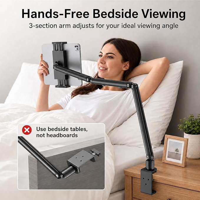 iPad Holder for Desk, Adjustable Tablet Arm iPad Desk Mount with C-Clamp, 30" Foldable Long Arm & 360° Rotation, Fits 4.7"–15.6" i Pad Pro/Air/Mini, Phones & 15.6" Portable Monitors for Desk/Bed Use