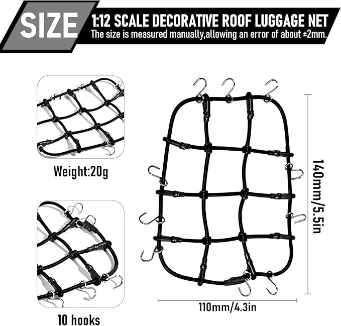 1/12 Elastic Luggage Net with Hooks, RC Scale Decoration Roof Luggage Net for for MN90 MN90K MN99 MN99S MN86K MN86KS MN86 MN86S 1/12 Series Crawler Truck Buggy (Black)