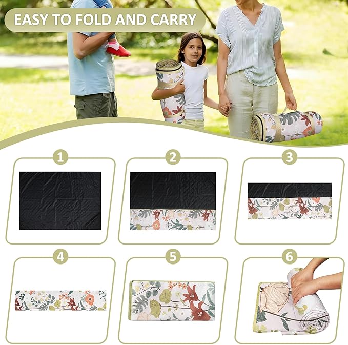 Floral Picnic Blankets Waterproof Foldable, 60″X80″ Packable Picnic Mat Flowers Outdoor Blanket for Grass, Large Beach Blanket Sandproof Picnic Accessories for Camping Music Festival Park Lawn Travel
