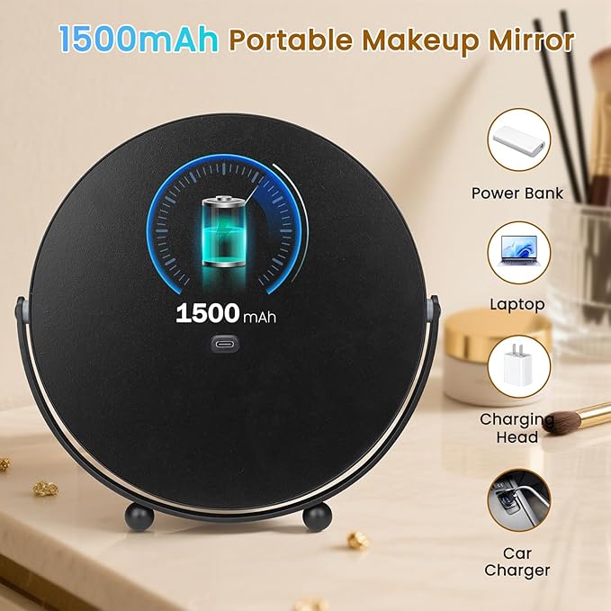 Vanity Mirror with Lights, 8" LED Makeup Mirror Built-in 1500mAH Lithium Battery, HD Professional Mirror, Smart Touch with 3-Color Lighting, Dimmable, Lighted Up for Makeup Desk, Travel (Black)