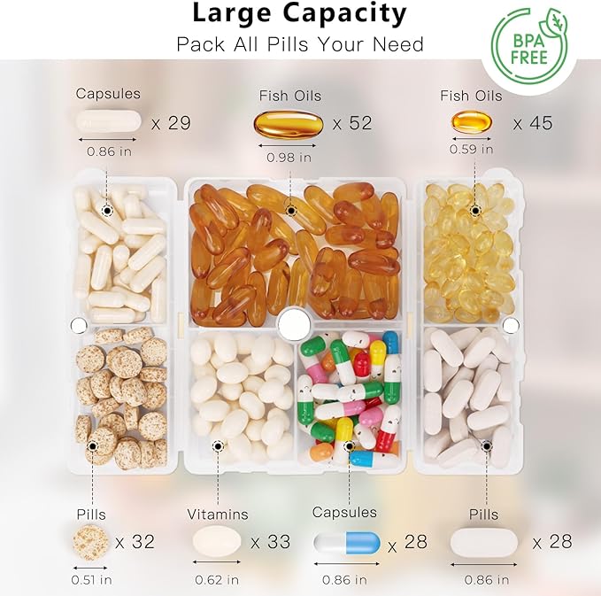 FYY Daily Pill Organizer/ Case, 7 Compartments Portable, [Folding Design] Large Travel Pill Box for Purse Pocket to Hold Vitamins,Cod Liver Oil,Supplements and Medication-Clear