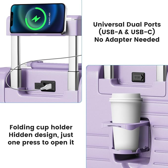 20 Inch Carry on Luggage with Cup Holder, Airline Approved 22x14x9 Aluminum Frame PC Hard Shell Suitcase, 360° Spinner Wheels, TSA Lock for Short Trips and Business Travel