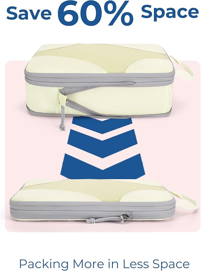 BAGSMART Compression Packing Cubes for Travel, 6 Set/14 Set Compressible Luggage Organizer for Cruise Ship, Lightweight Travel Essentials (1L+2M+2S+Shoe bag+Drawstring bag+Toiletry bag+6Plastic bags)