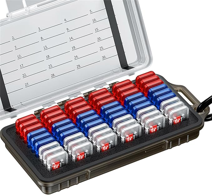 54 Slots MicroSD Card Case with 54 Individual Clear Plastic TF Card Cases for 54x Micro SD MicroSDHC MicroSDXC MSD Cards,Water-Resistant Camera Memory Card Holder with Carabiner & Labels - Transparent